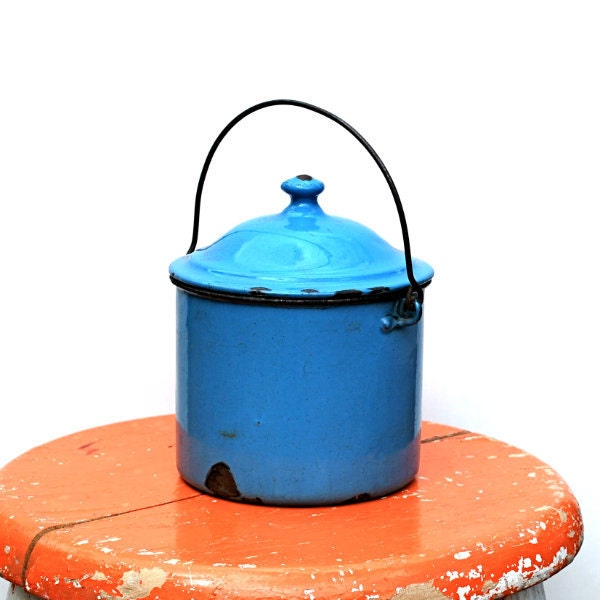 Vintage Enamel Pail with Lid Blue Berry Bucket Austria