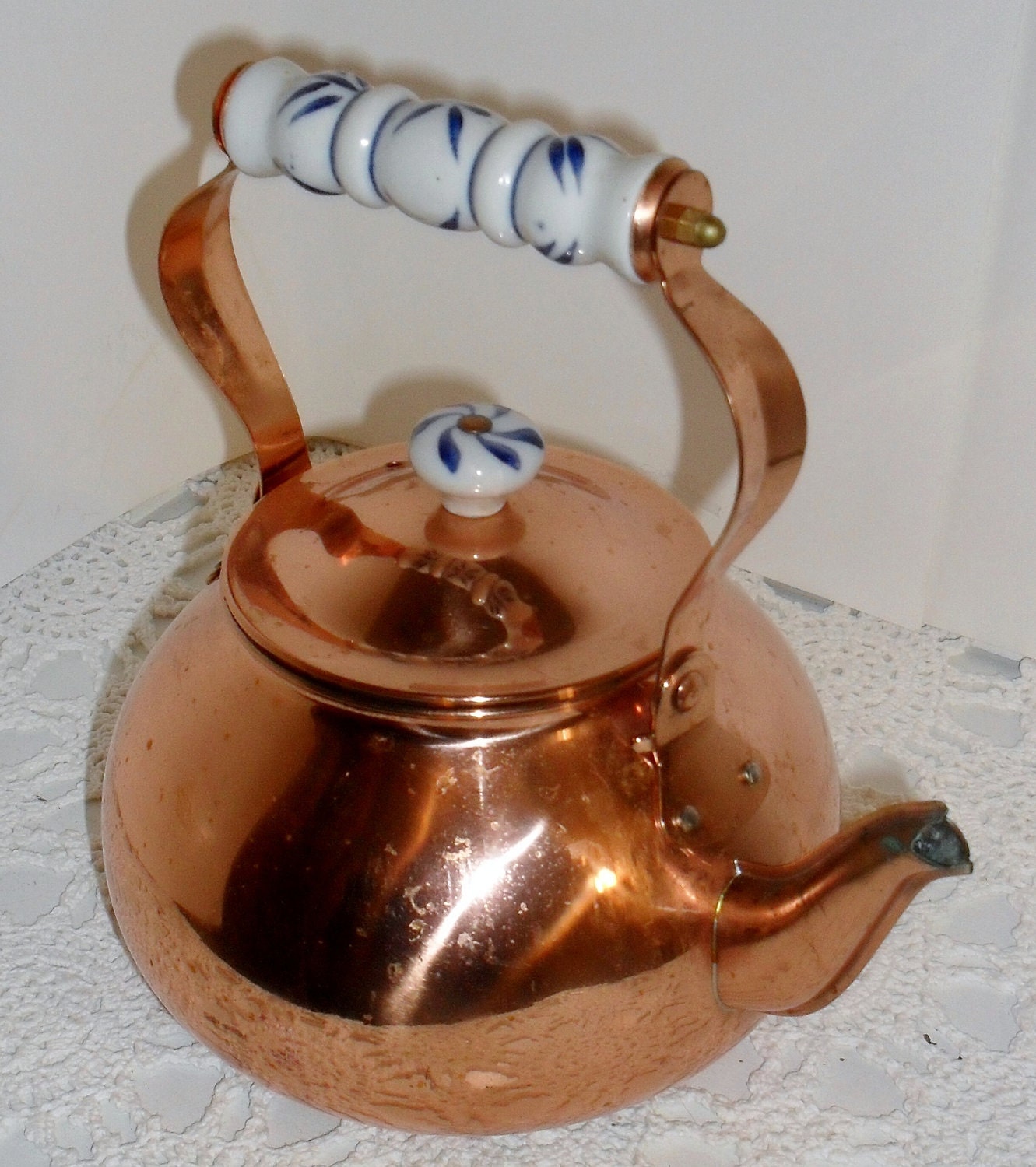 Pretty -Vintage ---COPPER Tea KETTLE--- With Blue and White CERAMIC Accents
