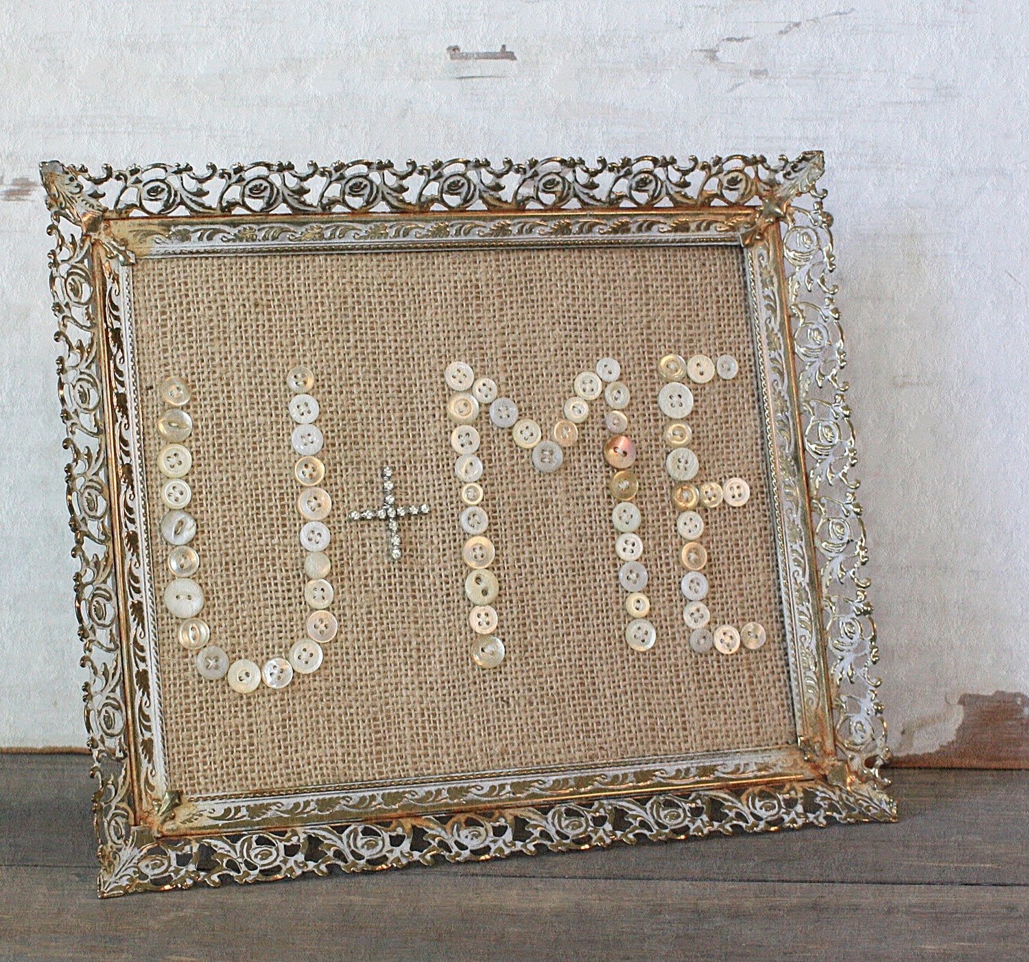 Vintage Inspired Burlap Button U and Me in a Rusty Frame
