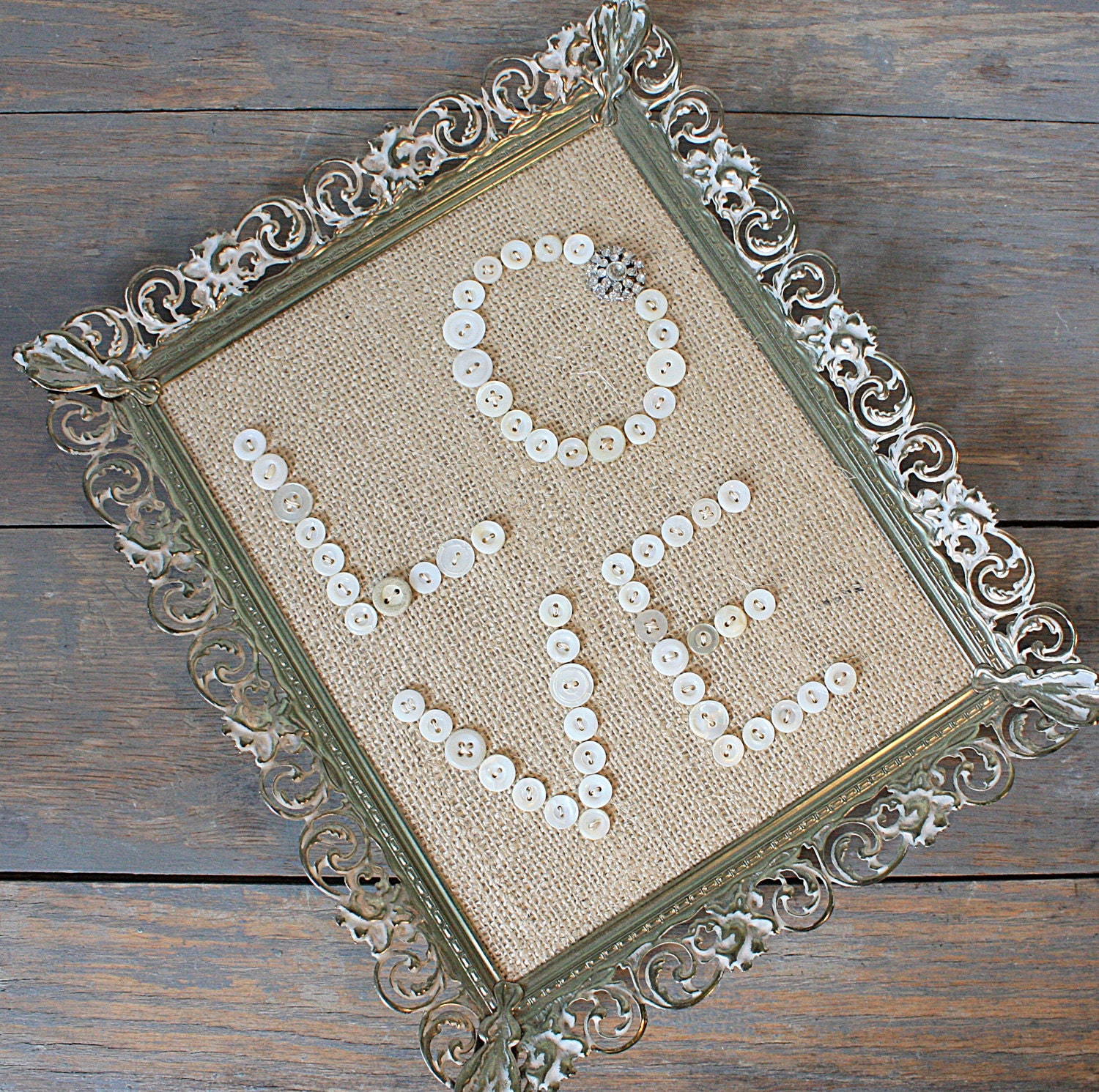 Buttons and Burlap in Vintage Weathered Filigree Frame - Love