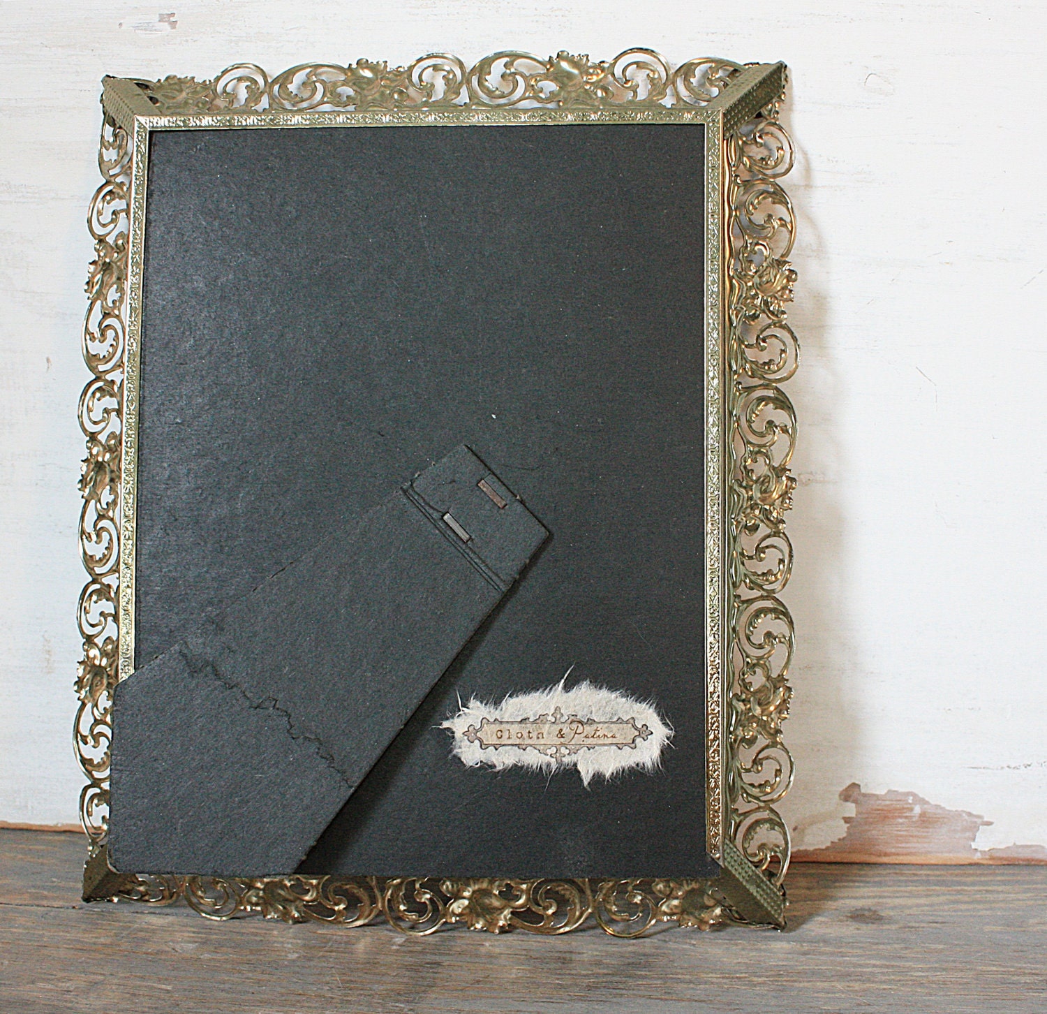 Buttons and Burlap in Vintage Weathered Filigree Frame - Love