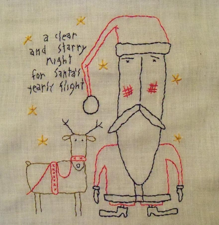 Santa and Reindeer Primitive Simple stitchery on Vintage linen