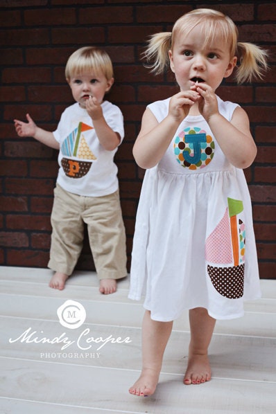 Summer Dress and Shirt Set- Sailboat Applique- Brother Sister Sibling Set