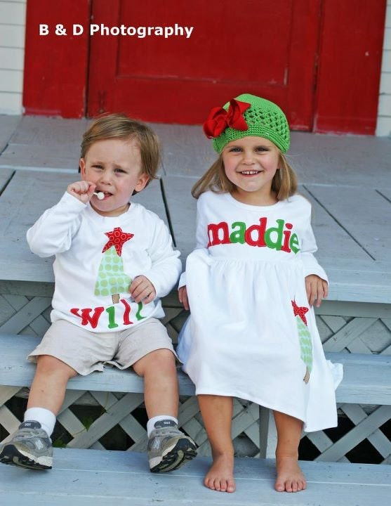 Christmas Dress Shirt Set - Brother Sister Sibling Set -  Christmas Applique Outfits