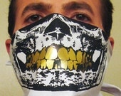 White Bandana Black Skull Mask with all Gold Foil Grillz Teeth