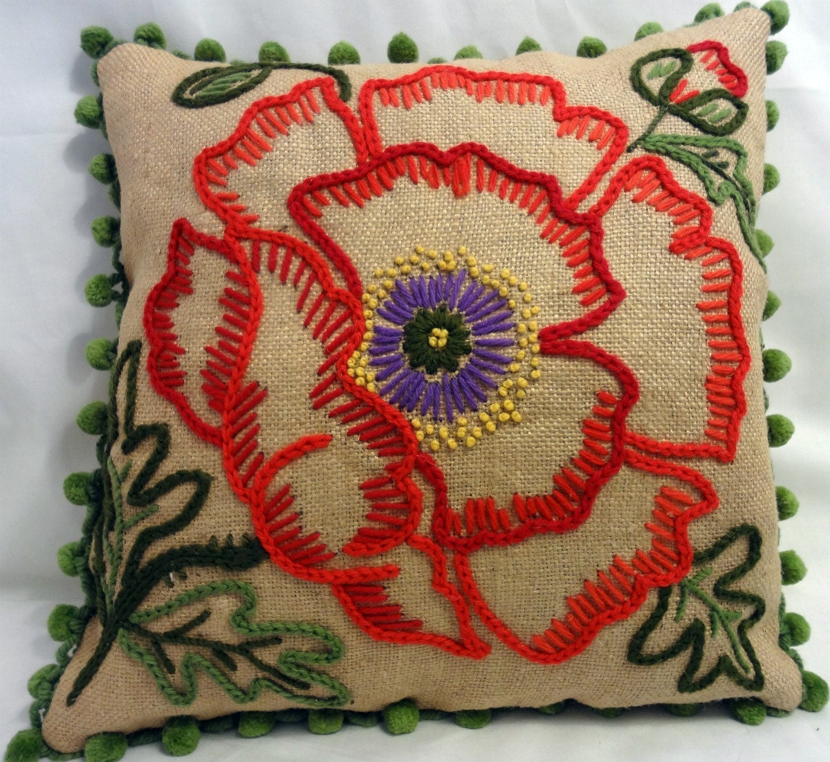 Decorator Burlap Embroidered Pillow with PomPom Fringe