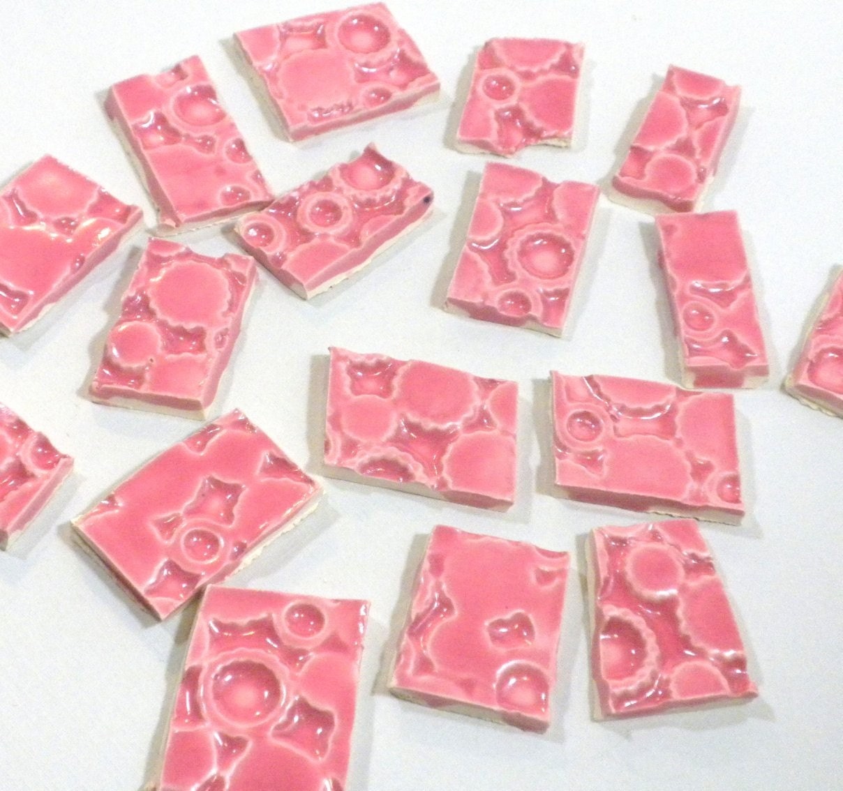 Handmade Mosaic Tiles - Pink Retro Dots Circles Craters - Set of 17 Ceramic Tiles