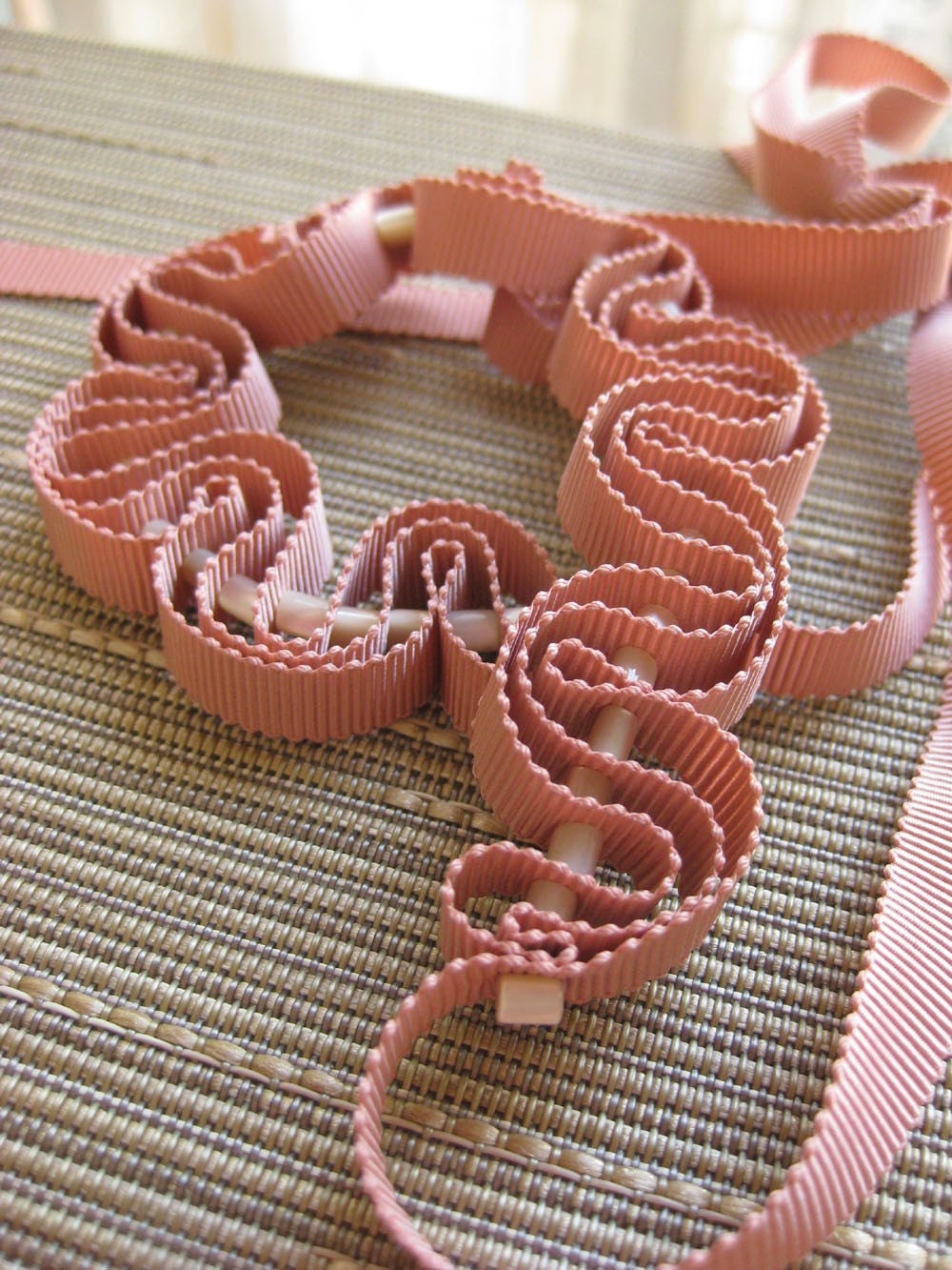 SALE Grosgrain necklace in romantic dusty pink with natural shell beads