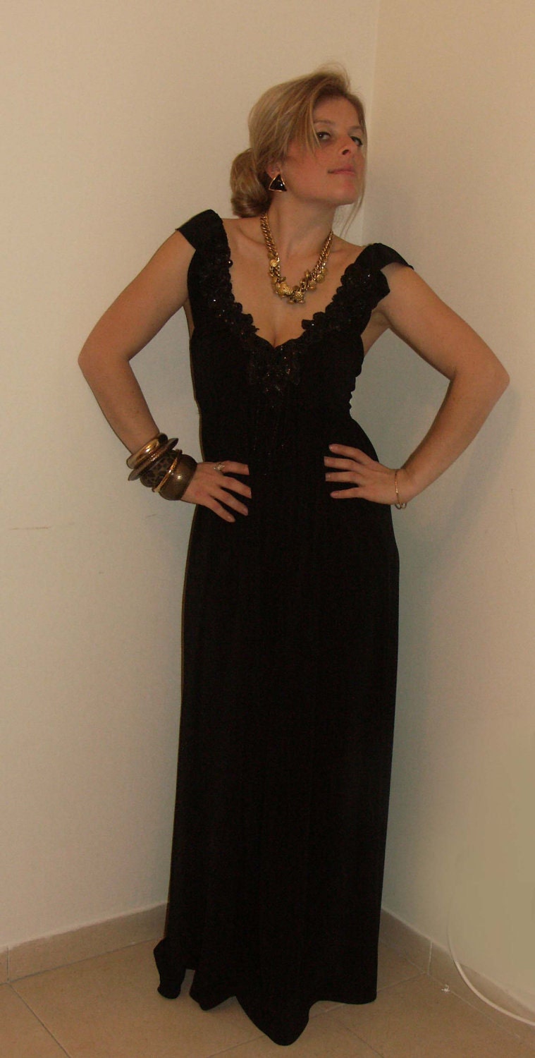Beautiful soft long dress with black applique sequin ---now on Big SALEEE-----