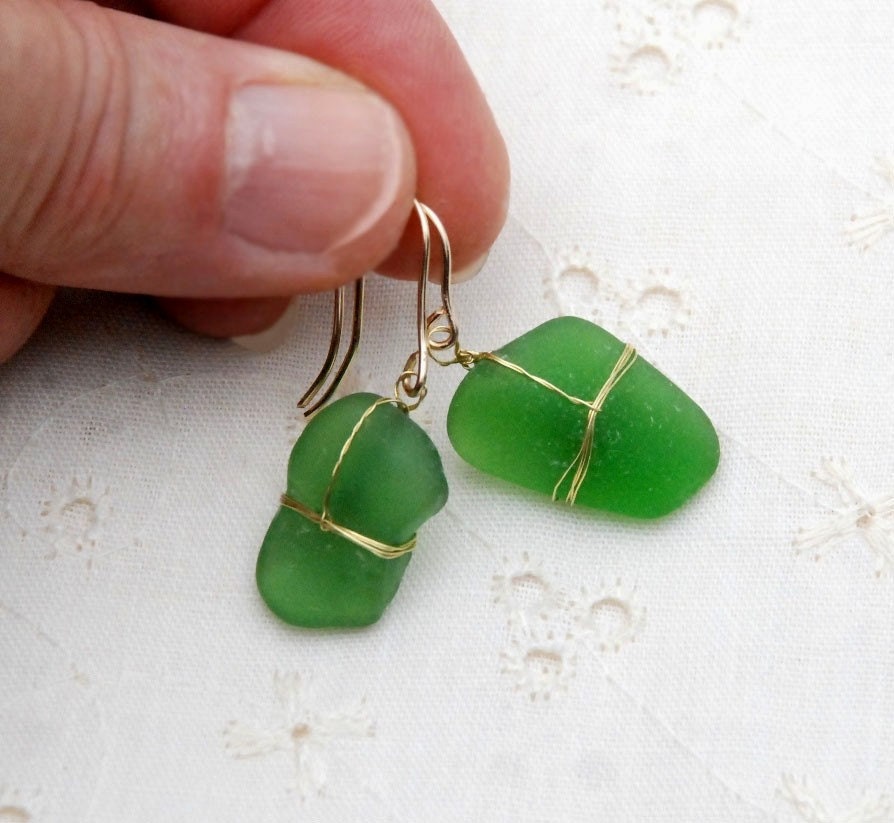 Green Sea Glass Earrings. Gold Filled Ear Wires. Wire Wrapped Earrings. Small Earrings. Sea Glass Jewelry-Earrings.On Sale
