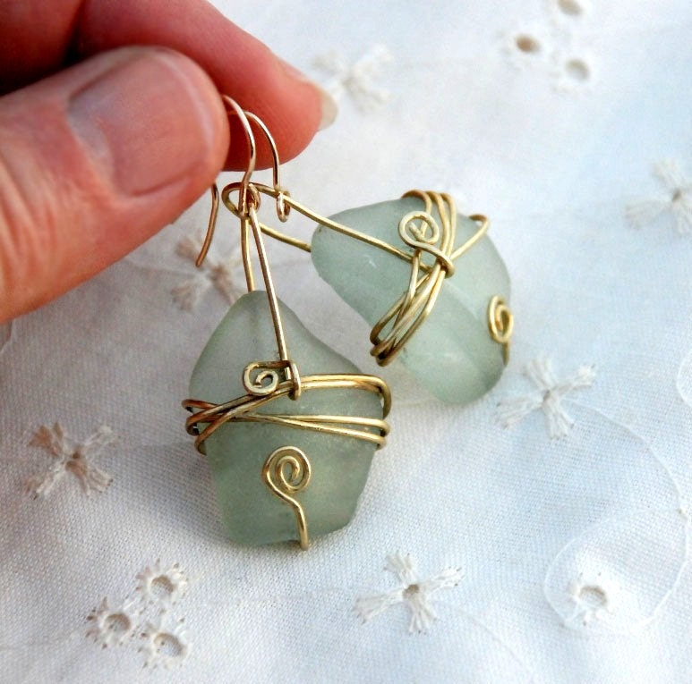 Green Sea Glass Earrings in Alpaca,Long Beach Glass Dangle Earrings,Gold Filled Hooks,Hand Crafted Wire Wrapped Jewelry,Beach Glass Jewelry