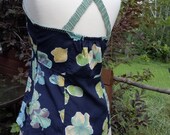Blue floral rayon ladies top, lacy straps, recycled, upcycled, 29
