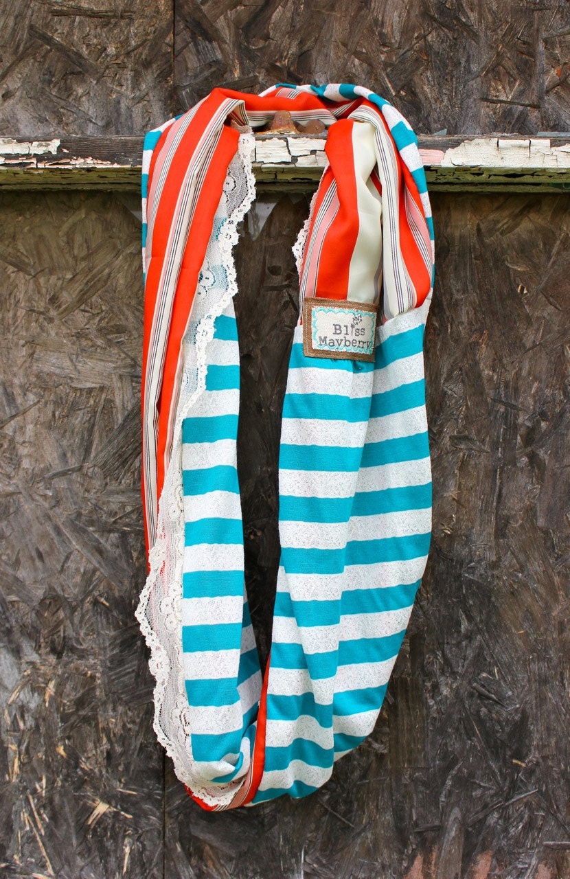 Heidi Beth Loopdy Scarf in nautical teal and lace jersey, catalina stripe, delicate vintage lace trim, & reclaimed leather detail