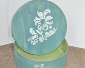 Painted Round Wooden Cheese Box In Washed Denim Lime Color Shabby Chic Decor