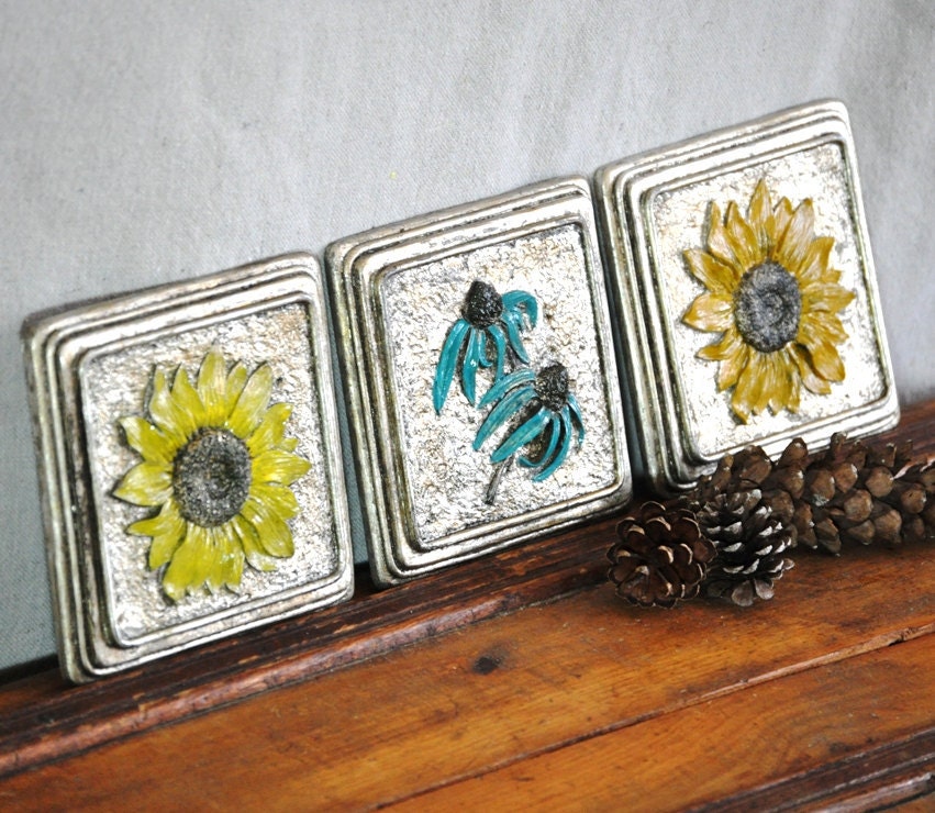 Floral Plaque Wall Hanging Set Black Eyed Susan. Sunflowers. Echinacea 3D Silver Flowers Art Collection