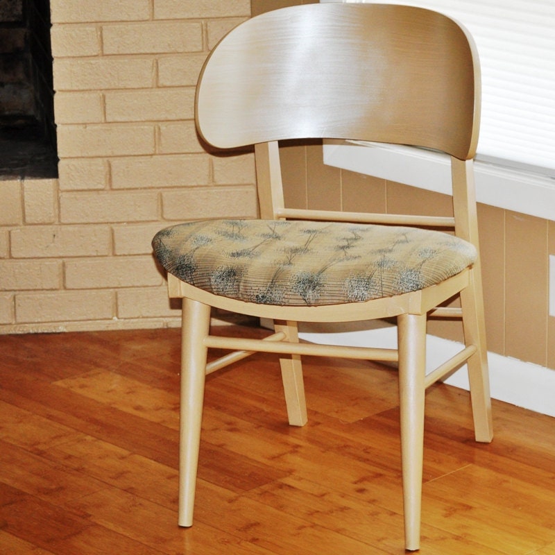 Atomic Chair/ Mid Century Mod Chair in Metallic Silver & Wheat Color w/Dandelions Mod Fabric