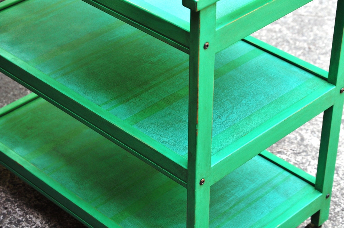 Shabby Striped Cart. Upcycled Vintage Cart in Distressed Green & Blue Stripes