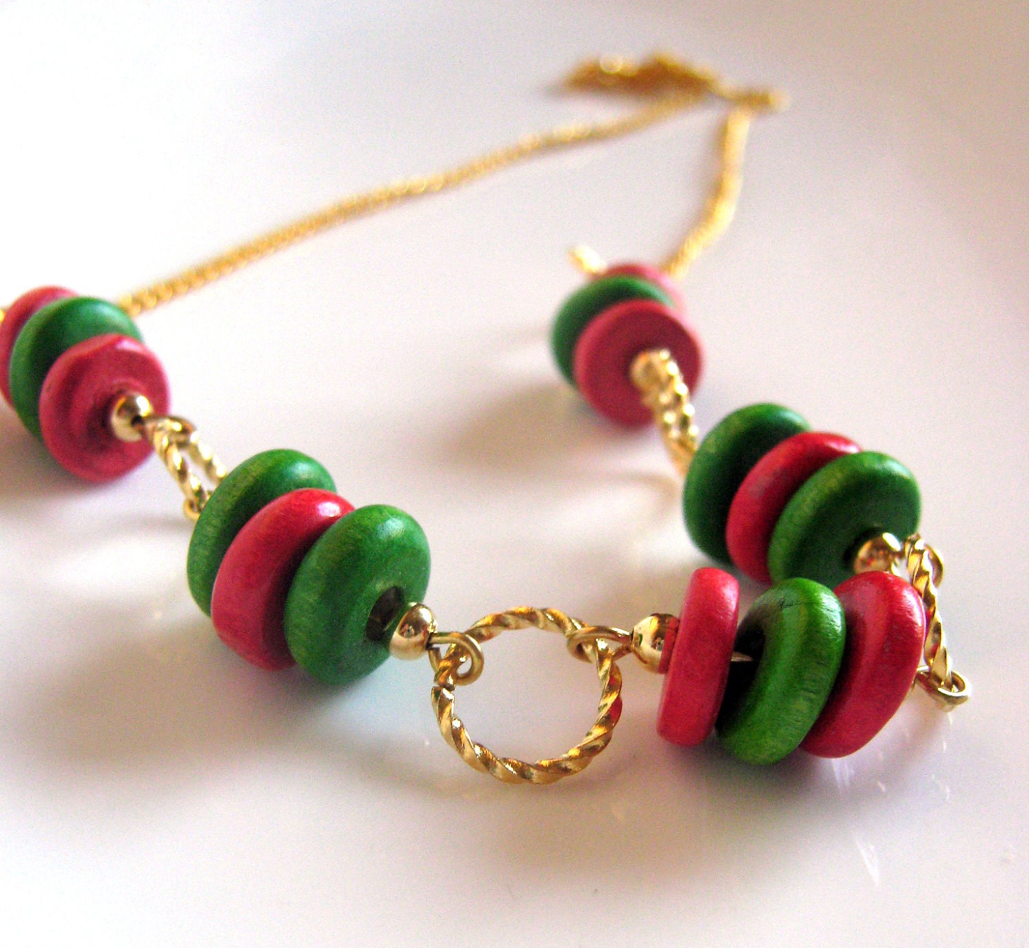 Wooden Christmas necklace - gold red and green