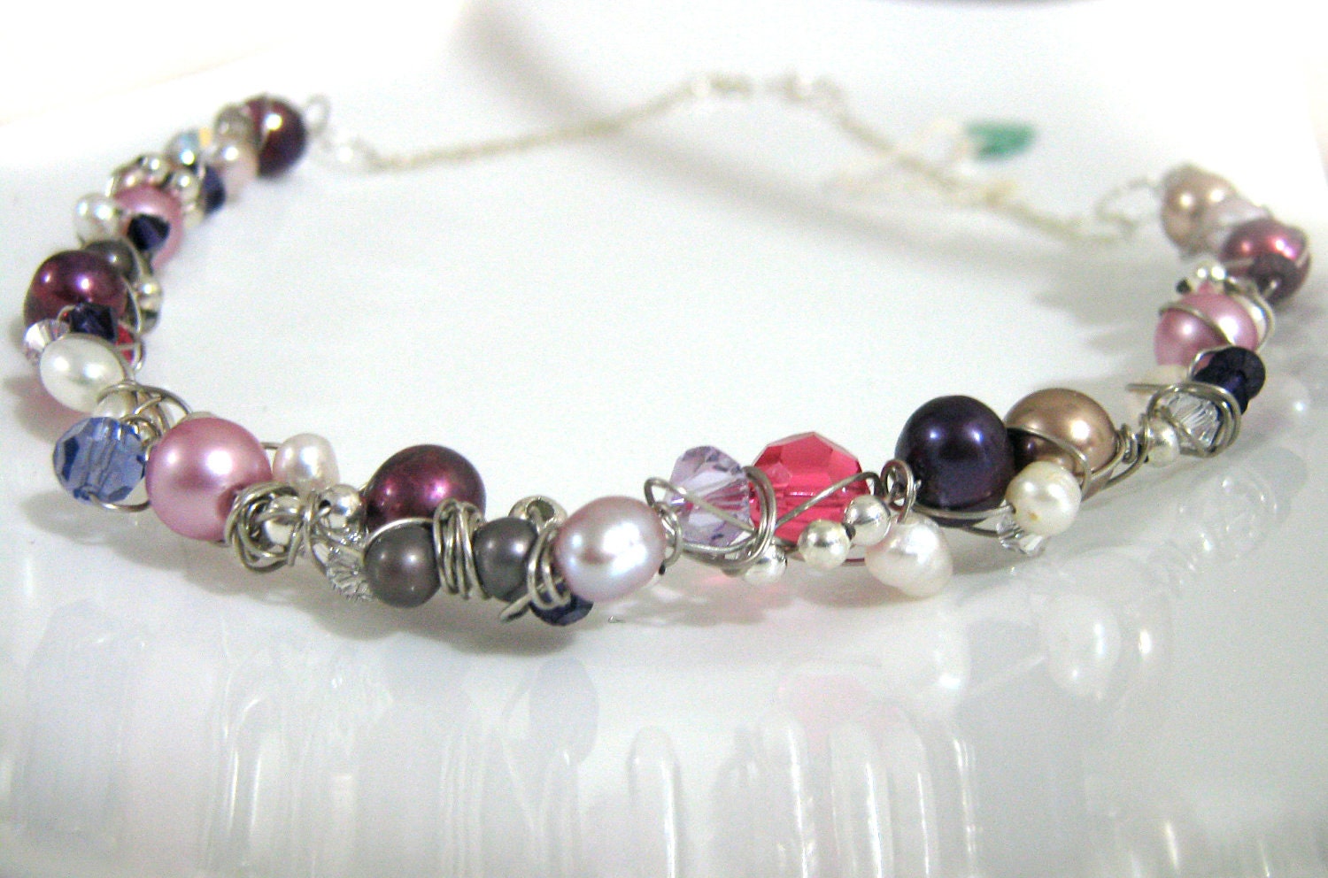Ooak wire wrapped necklace - Grapevine - purple and pink - freshwater pearl and crystal