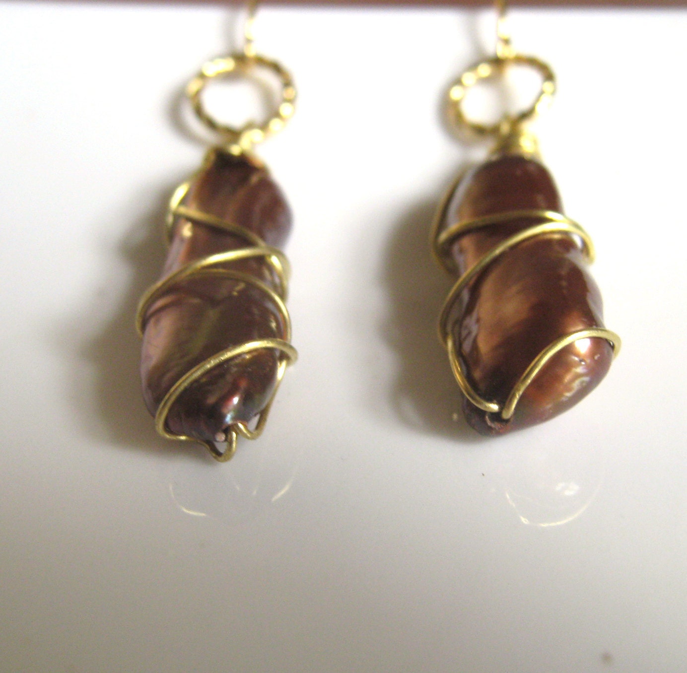 Bronze and Gold Earrings - wire wrapped stick pearls