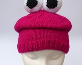 Monster beanie crazy hat unique unusual monster knit hats handmade critter beanie in deep pink with eyeballs