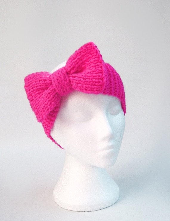 Neon pink bow headband knitted retro 80s style hair bows by jarg0n