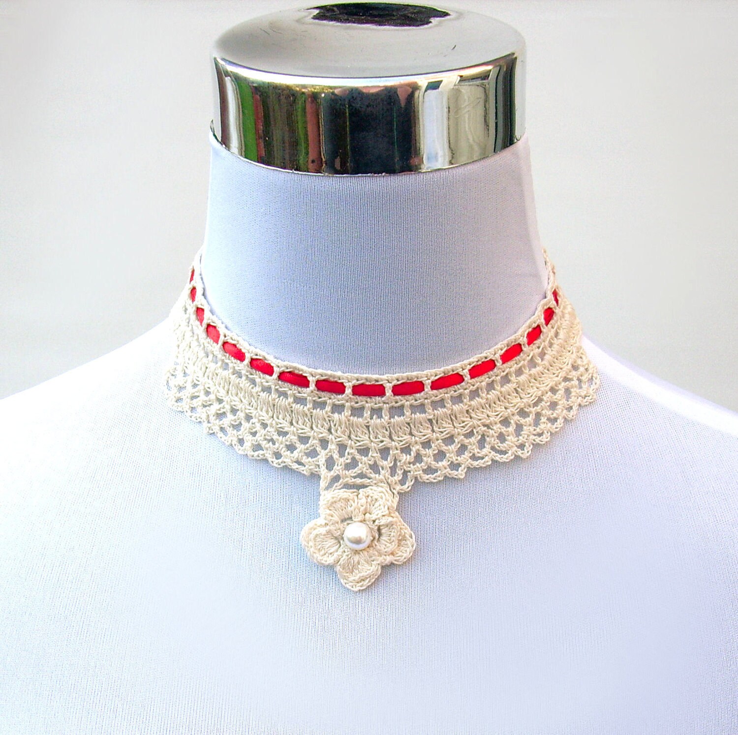 Items Similar To Crocheted Pearl Choker Necklace Beaded Irish Crochet Lace Flower Jewelry On Etsy