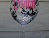 Personalized Wedding Party Wine Glass- Damask Design in Black and Hot Pink