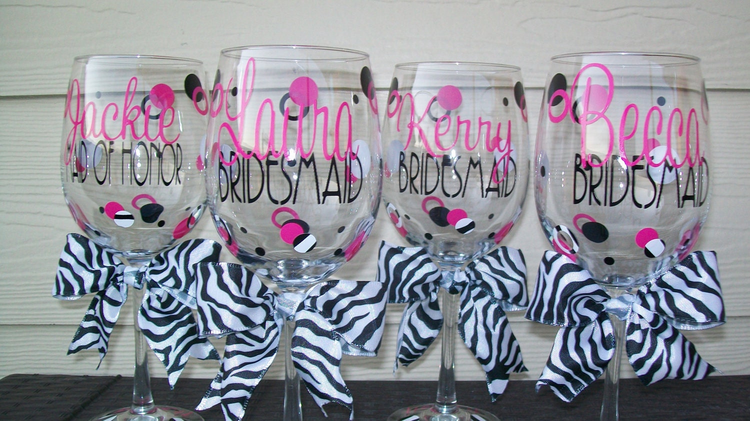 Personalized Wedding/Bachelorette Party Wine Glass-Zebra Black, White and Hot Pink