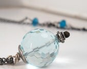 Aqua Quartz  Round Orb Bead Necklace, Antiqued, Oxidized Chain and Peacock Blue Swarovski, Everyday Fashion Accessory