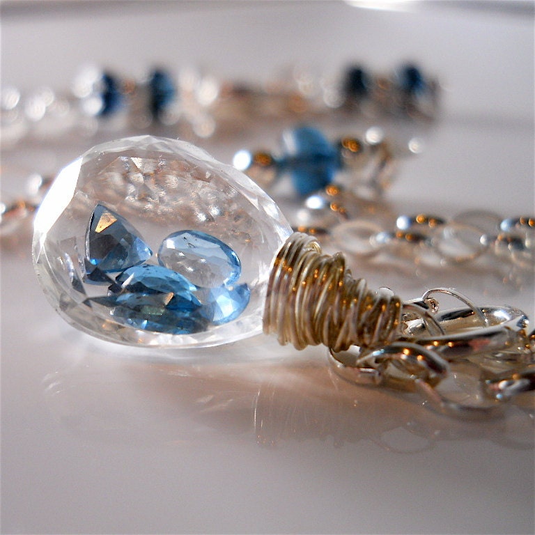 Wire Wrapped London Blue Topaz Necklace, Encased Movable Gemstones in Crystal Quartz  a la Chopard, September Birthstone