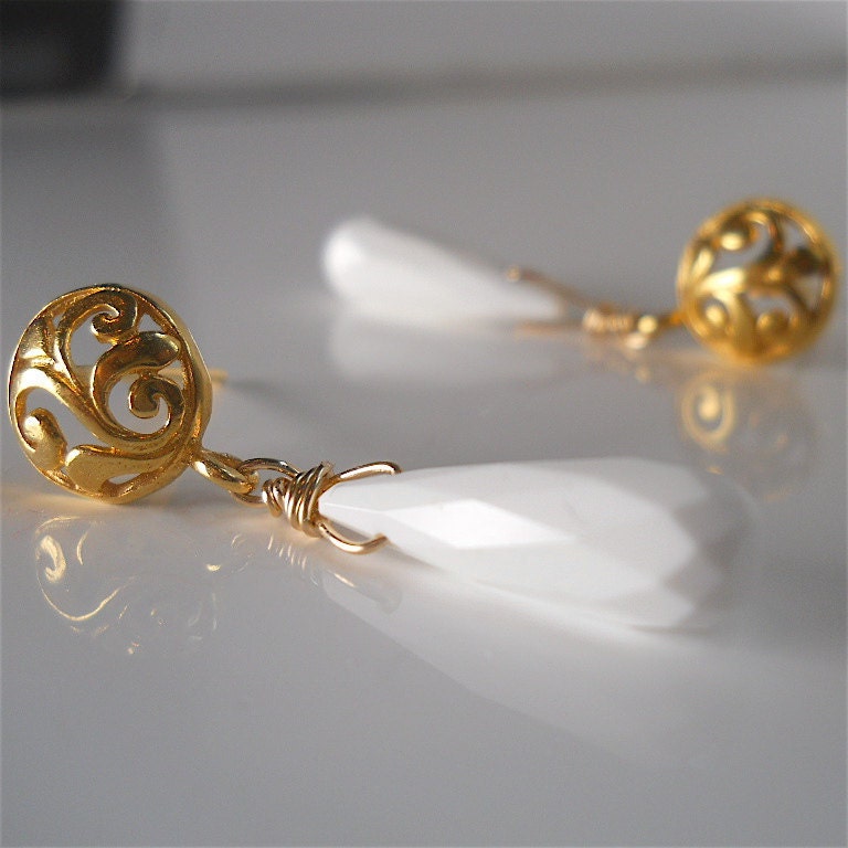 Faceted White Jade Wedding Bridal Earrings, Gold Vermeil Ornate Gemstone, Elegant Wedding Day Fashion Accessory, Your Daily Jewels