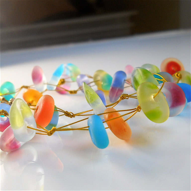 Beach Glass, Lampwork Sea Glass Necklace, Hand Knotted Rainbow Etched Glass, Wrap Bracelet, Versatile SPRING Fashion Accessory