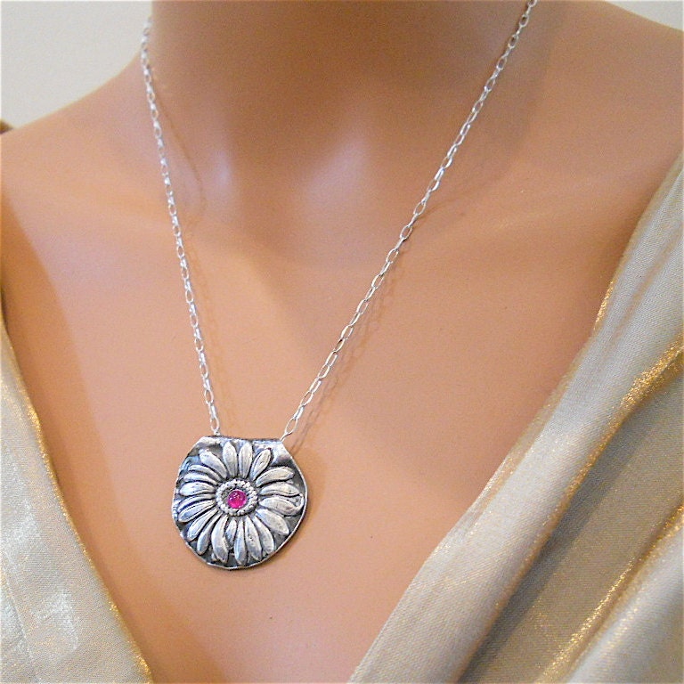 Pink Ruby, Silver Flower Pendant, "Bloom" Necklace, Recycled Silver, Earthy Fashion Accessory July Birthstone, Your Daily Jewels