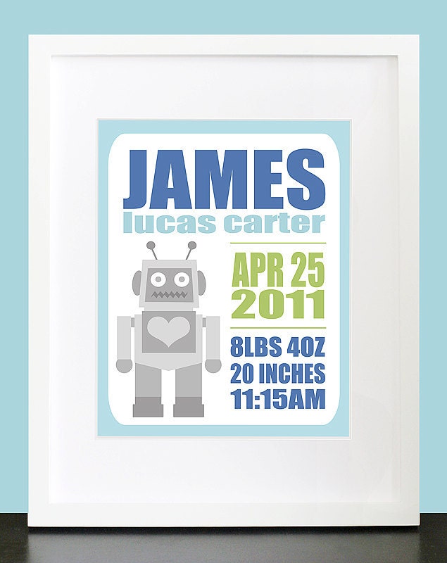 Robot Birth Announcement Wall Print. Personalized Wall Art. Custom 8x10 Poster for Baby & Kids by mateoandtobias on Etsy