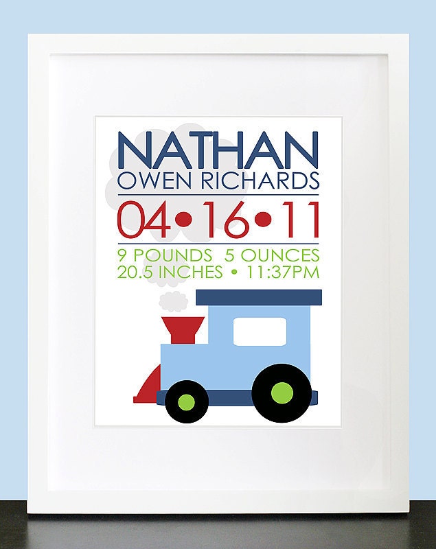 Choo Choo Train Birth Announcement Wall Art - 8x10 Baby Nursery Children Personalized Wall Print Poster