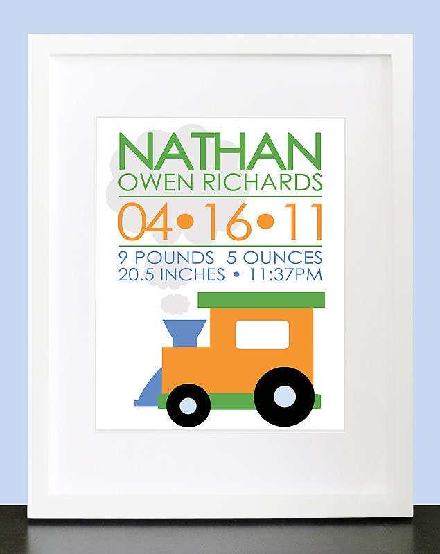 Choo Choo Train Birth Announcement Wall Art - 8x10 Baby Nursery Children Personalized Wall Print Poster