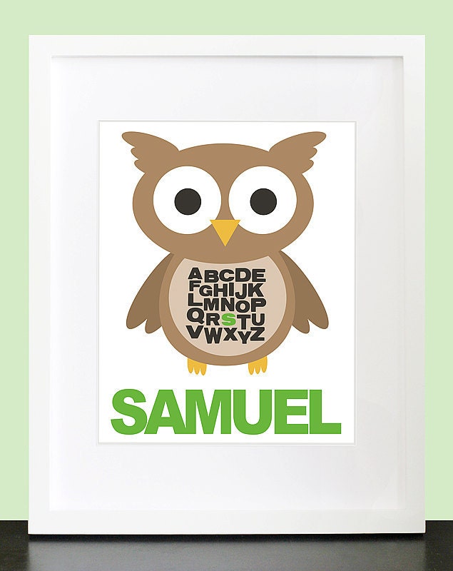 Owl Alphabet Wall Print. ABC Wall Art with Personalized Name. Custom 8x10 Poster for Baby & Children by mateoandtobias on Etsy