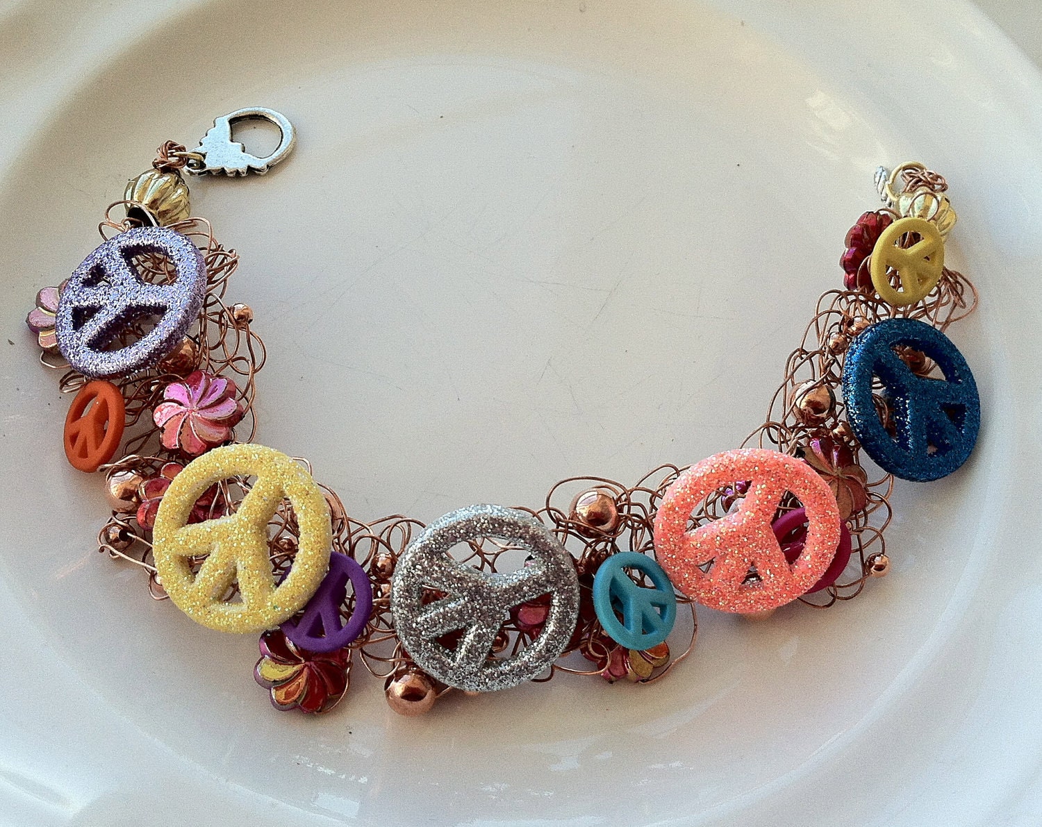 PEACE DUDE: (Peace Sign Button Charms, Copper beads and Copper Wire in a Wire Crochet Charm Bracelet)