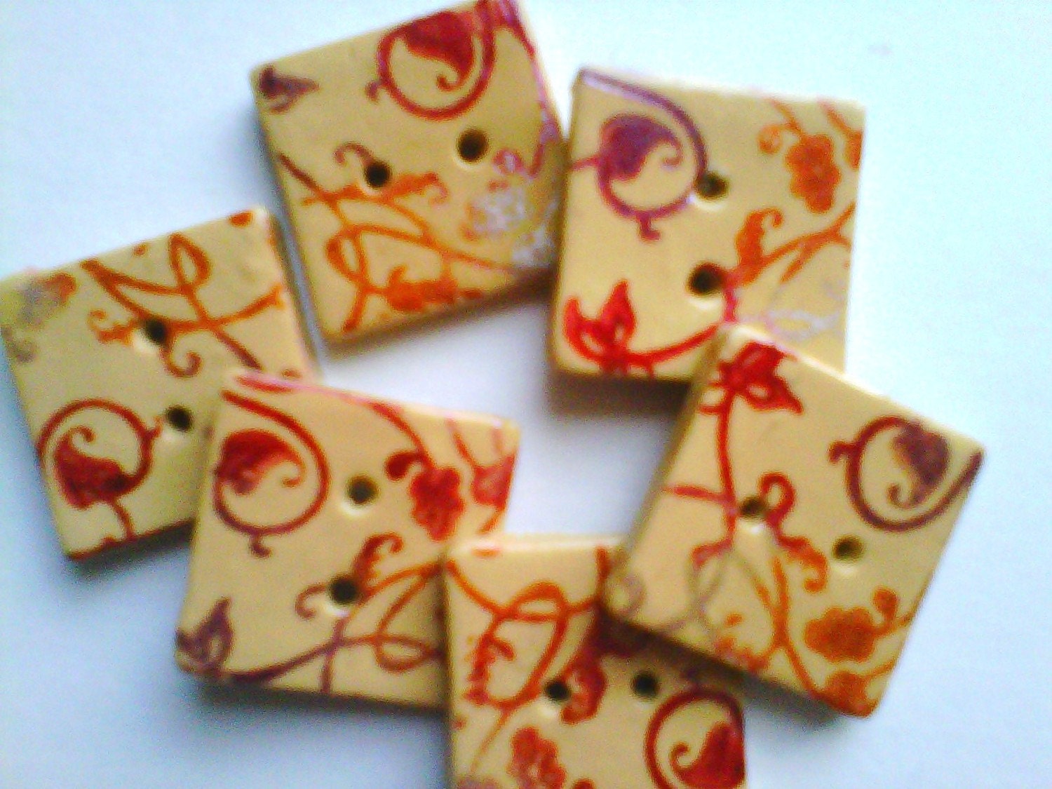 Button Nature ink stamped square handmade polymer clay button set  ( 6 )