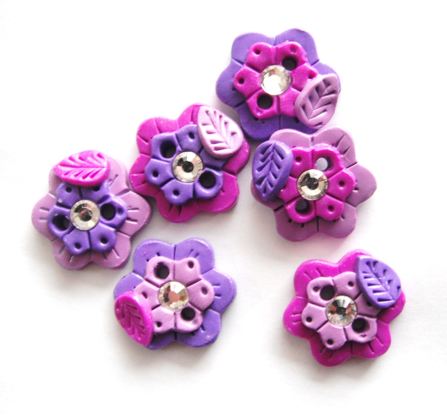 Button Bling Purple Flowers with Crystals handmade polymer clay buttons ( 6 )