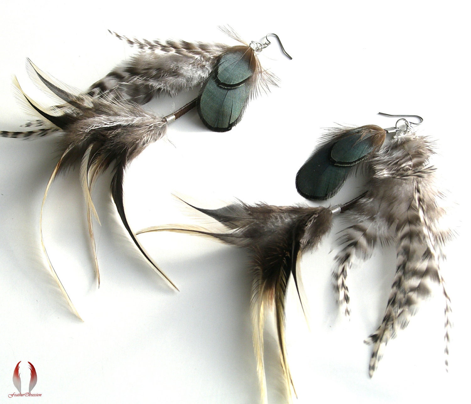 Grizzly feather earrings, Rooster feathers, Natural feathers, Metallic green, Brown feather earrings, Hippie earrings  - Earth Lady Amherst