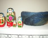 ocean depths, a deep blue, grey needle felted wool bowl