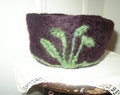 green leaves and vines, a needle felted deep purple wool bowl