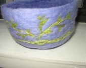 lavender needle felted wool bowl with green vine