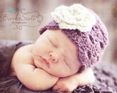 6-12 months Crochet Girls Hat, Dusty Purple and Oatmeal Flower Flapper Hat, Newborn Hat, Photography Prop - PumpkinPieCreations