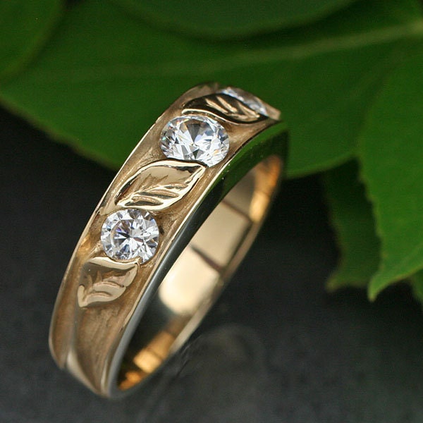 CONTEMPORARY 3-Stone WEDDING RING. 14k gold with White Sapphire.  This ring ready to ship