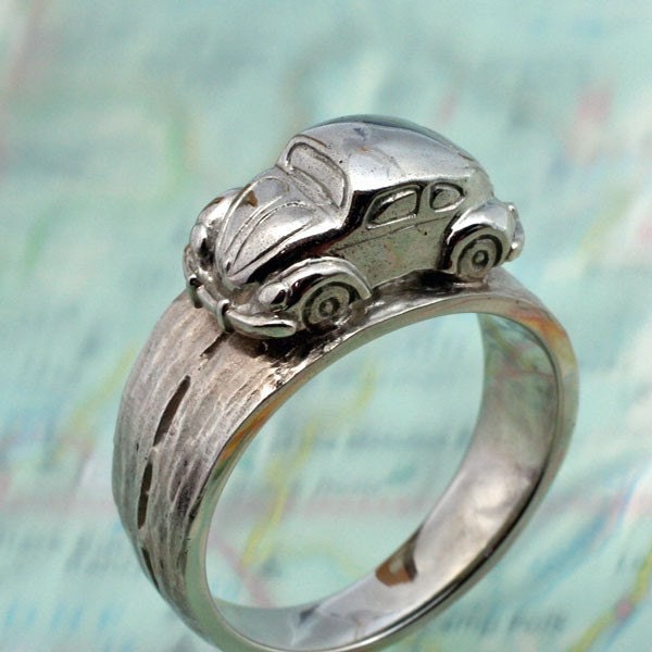 VW BUG RING - Volkwagen Beetle Driving Around Your Finger.  Done in Sterling