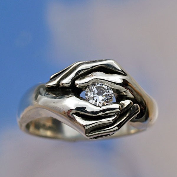 TWO HANDS Friendship ring, Sterling Silver and with your choice of stone