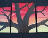 OOAK Acrylic Blazing Sunrise Tree Three-paneled Painting- Fall Autumn Harvest Fire Red Pink Burnt Orange Light Yellow Hue Wall Art
